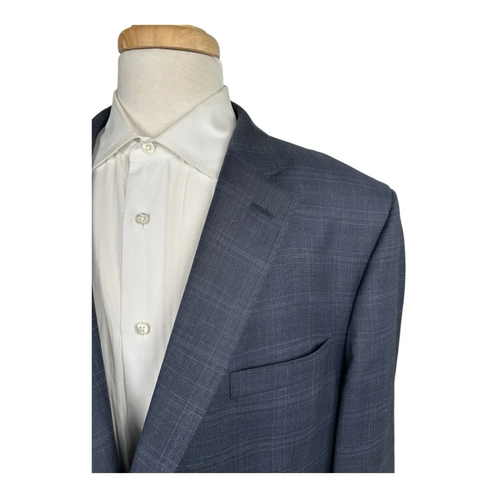 Peter Millar Blue Gray Checked Loro Piana Super 130s Wool Blazer Size 48R Mint